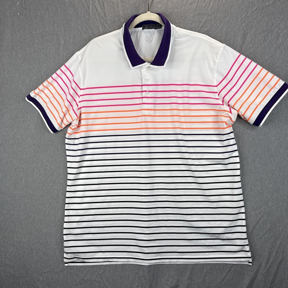 G/FORE Polo Shirt Mens XL Orange Black Pink Stripe Performance Golf Short Sleeve